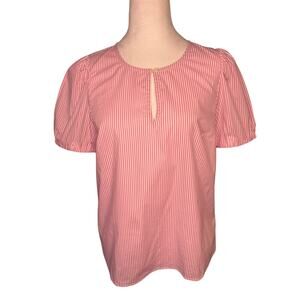 I. Crew Women’s Blouse Pink & White Striped Size Small Key Hole Puff Sleeve NWT